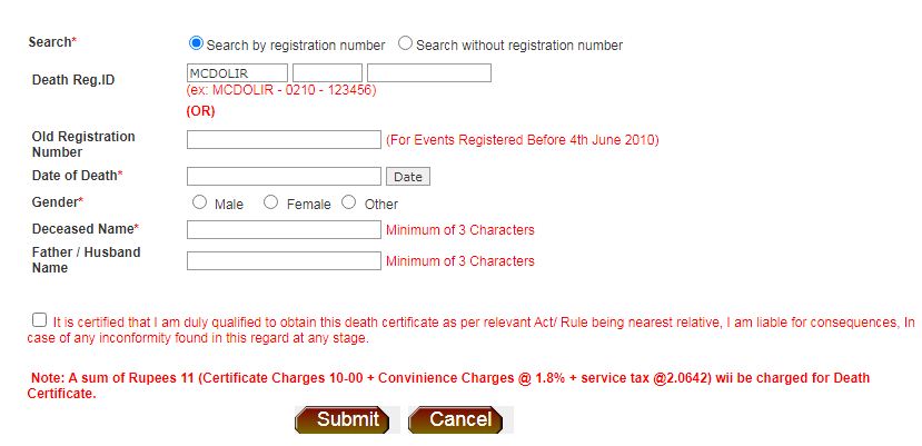 NDMC MCD Death Certificate Search by Registration Number