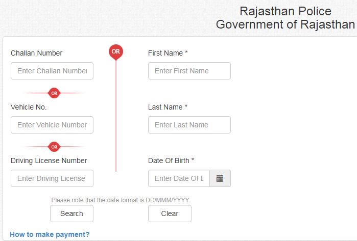 Rajasthan Police Traffic Challan Search Online